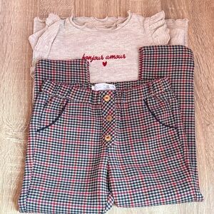 Zara Cream Top and Red Plaid Pants Set